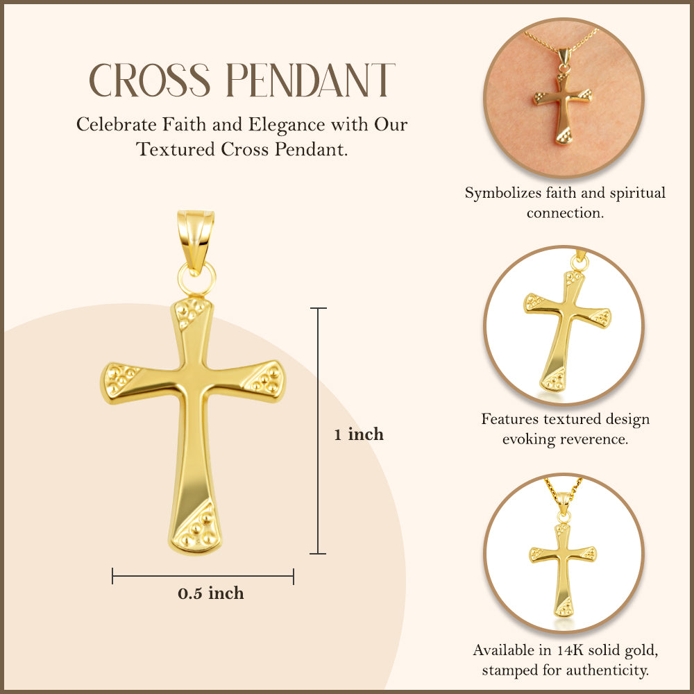 14K Yellow Gold Textured Cross Pendant Necklace, view 3