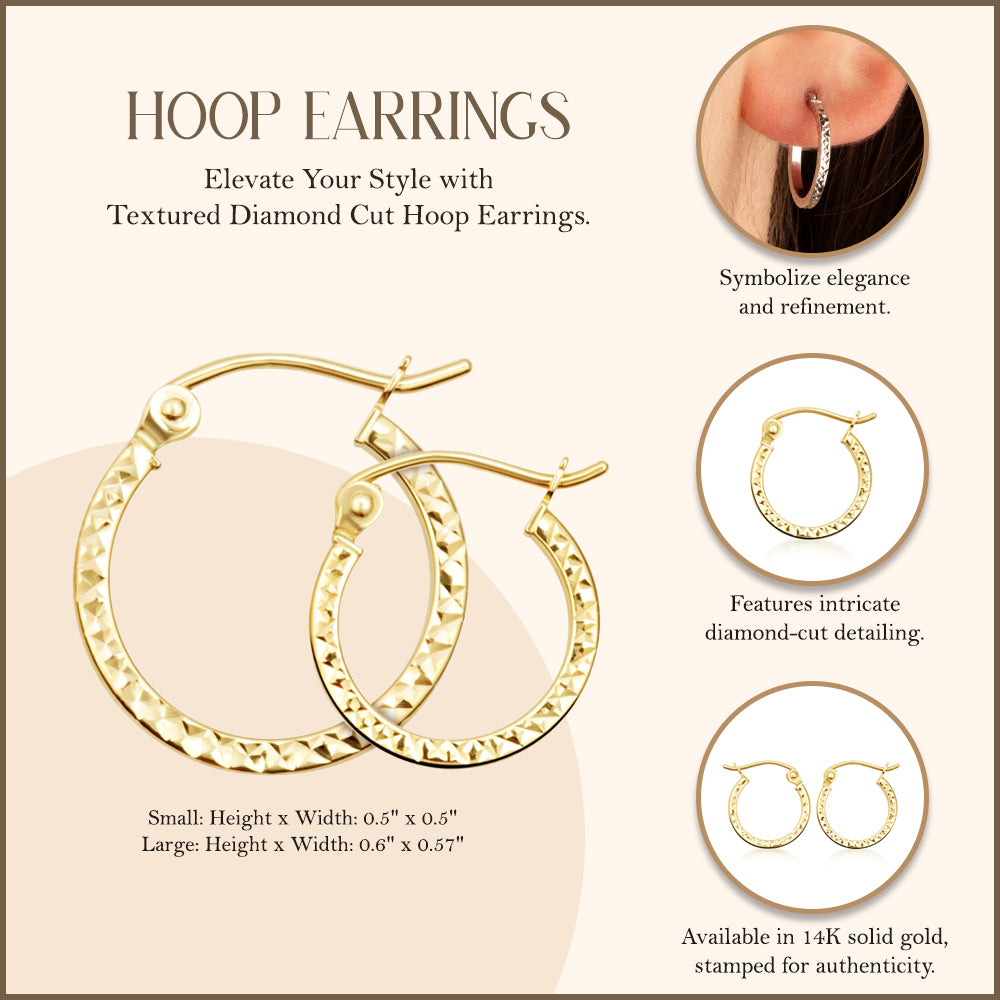 14K Yellow Gold Textured Diamond Cut Hoop Earrings, view 3