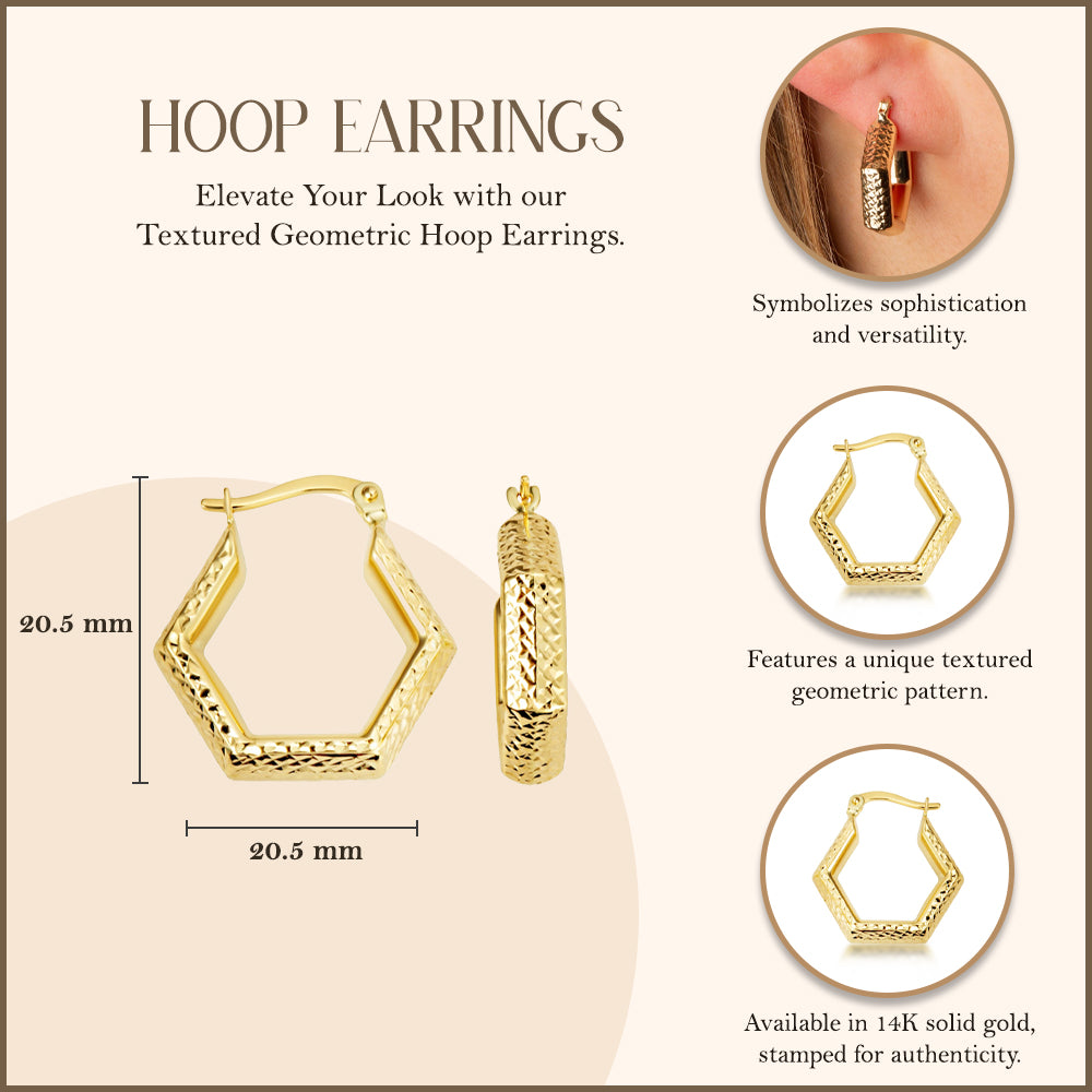 14K Yellow Gold Textured Geometric Hoop Earrings, view 3