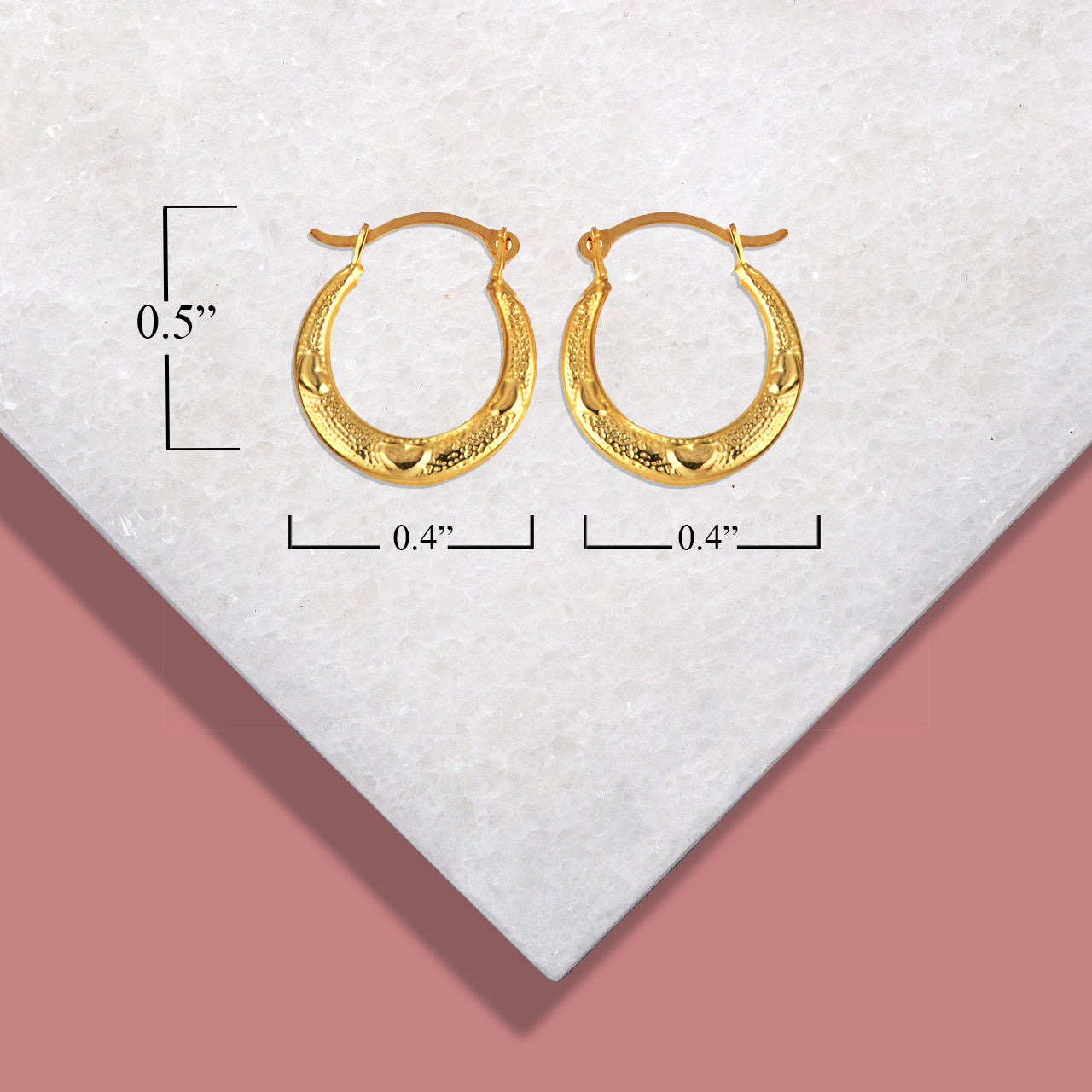 14K Yellow Gold Textured Heart Reversible Hoop Earrings (0.50"), view 3