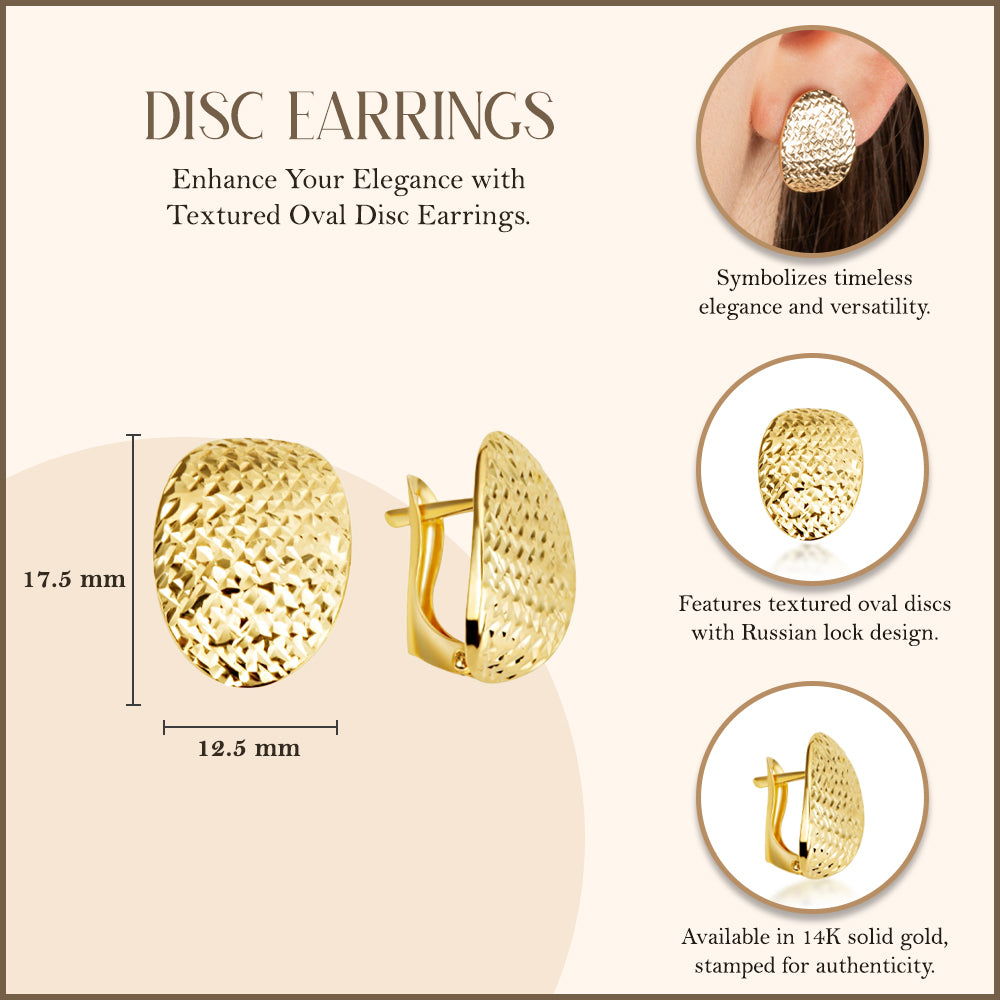 14K Yellow Gold Textured Oval Disc Earrings, view 3