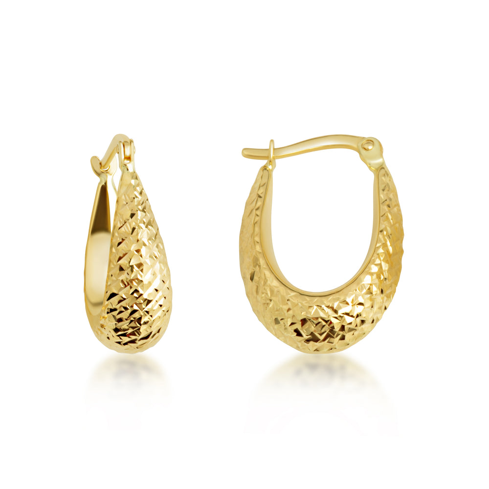 14K Yellow Gold Textured Oval Hoop Earrings