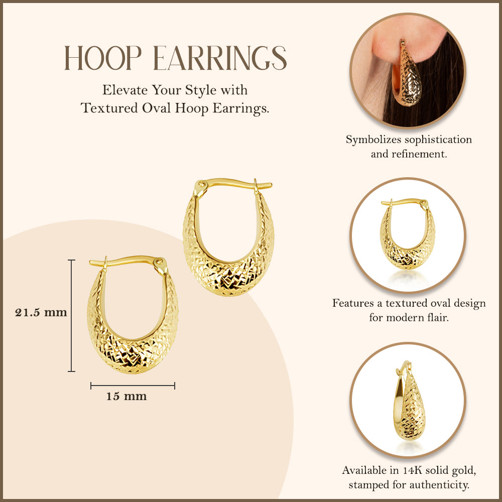 14K Yellow Gold Textured Oval Hoop Earrings, view 3
