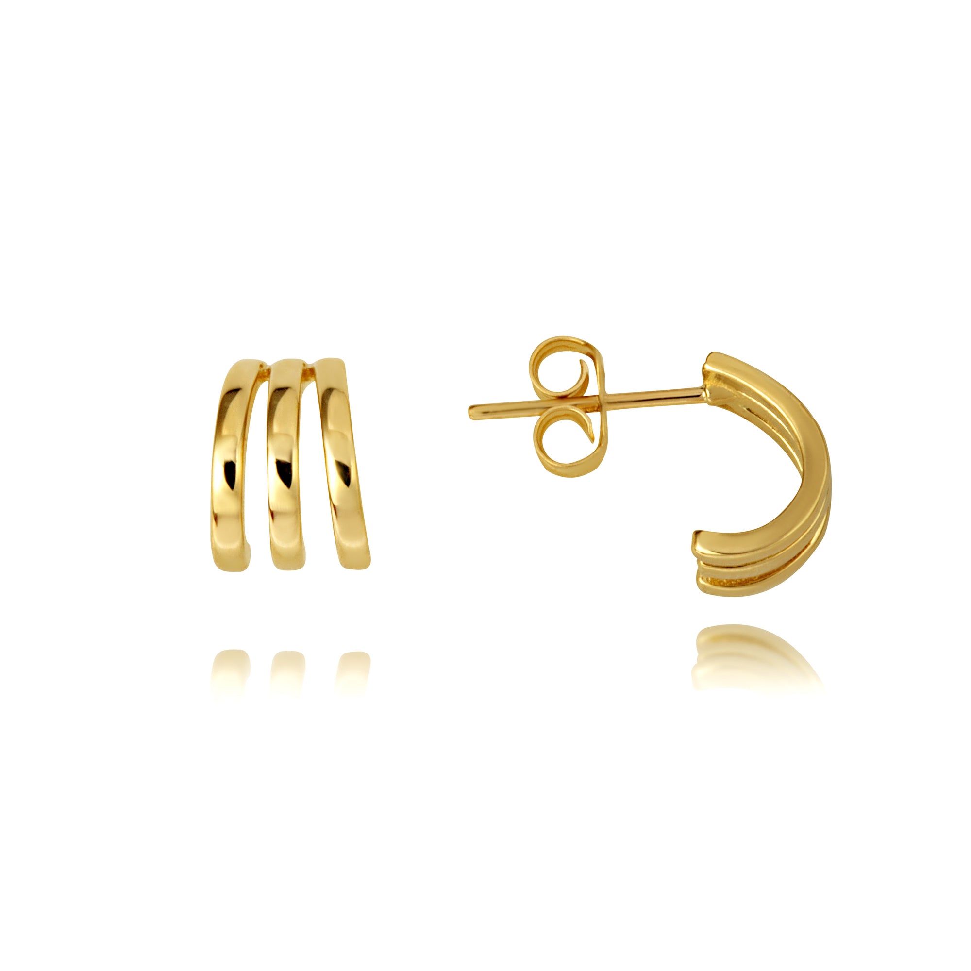 14K Yellow Gold Triple Hoop Stud Earrings