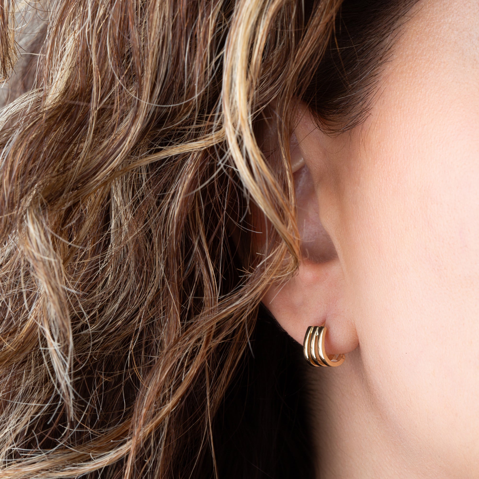 14K Yellow Gold Triple Hoop Stud Earrings, view 2