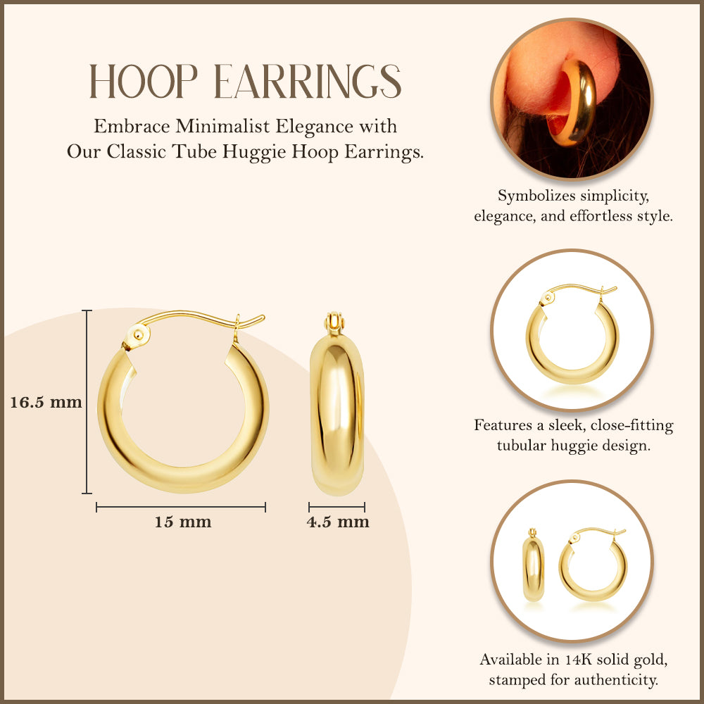 14K Yellow Gold Tube Huggie Hoop Earrings, view 3