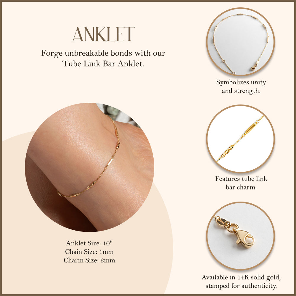 14K Yellow Gold Tube Link Bar Anklet, view 3