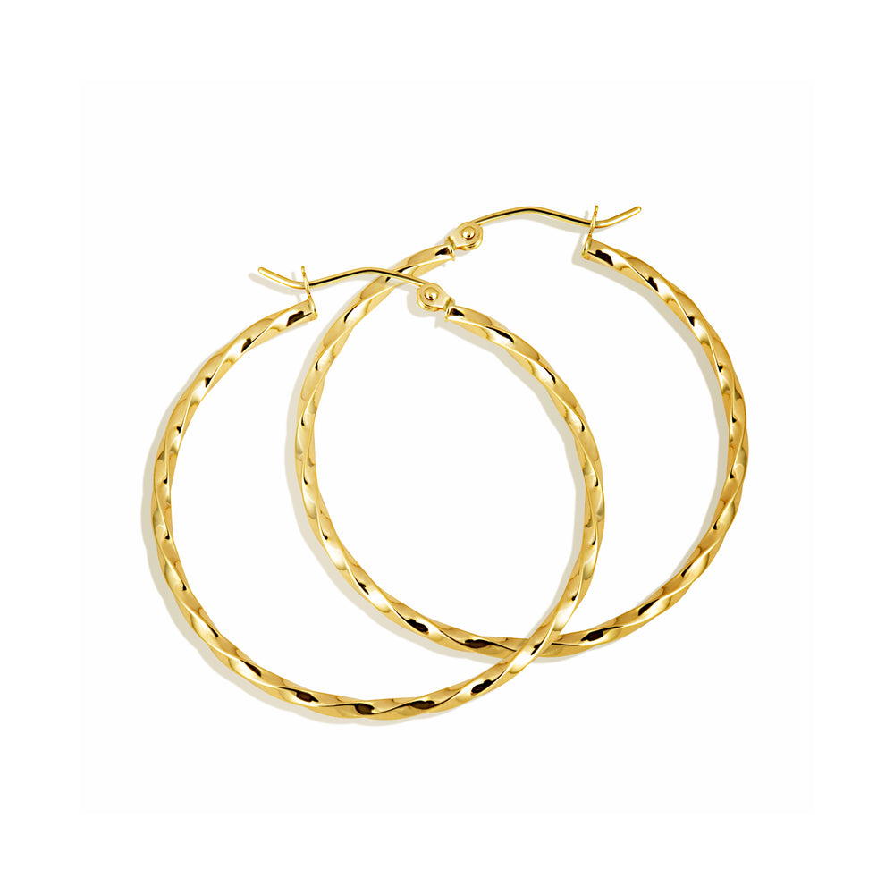 Solid 14K yellow gold twist hoop earrings, front view