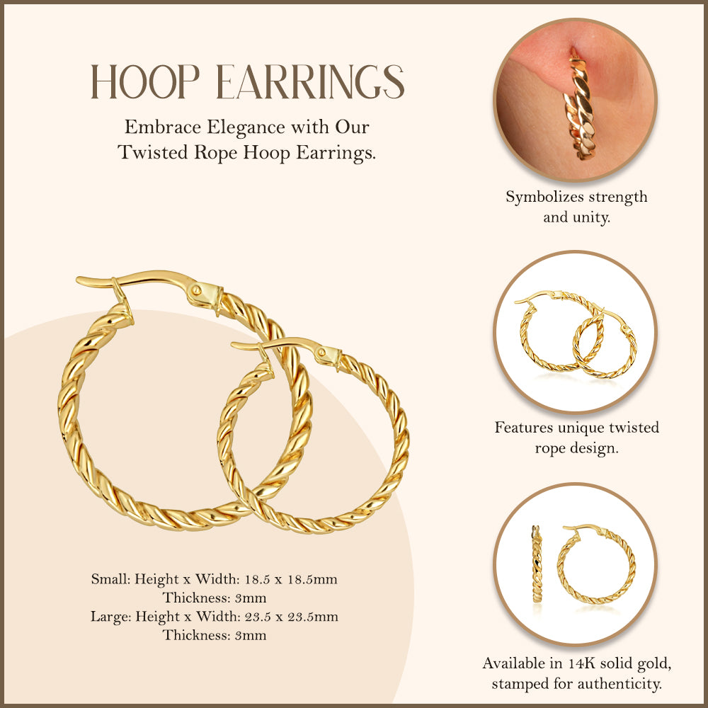 14K Yellow Gold Twisted Rope Hoop Earrings, view 4