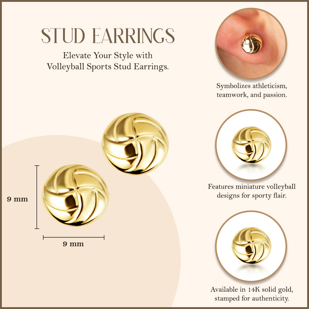 14K Yellow Gold Volleyball Sports Stud Earrings, view 3