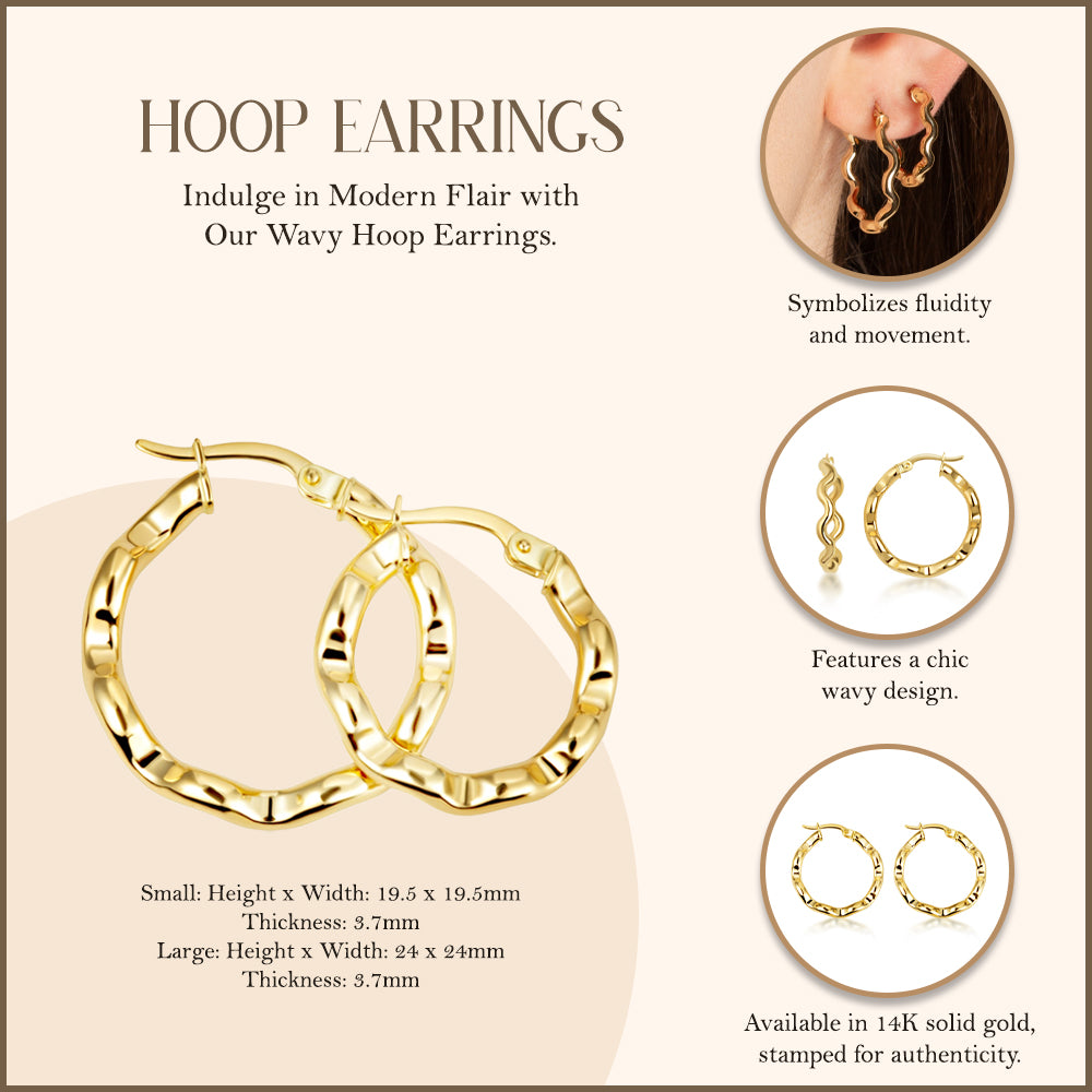 14K Yellow Gold Wavy Hoop Earrings, view 3