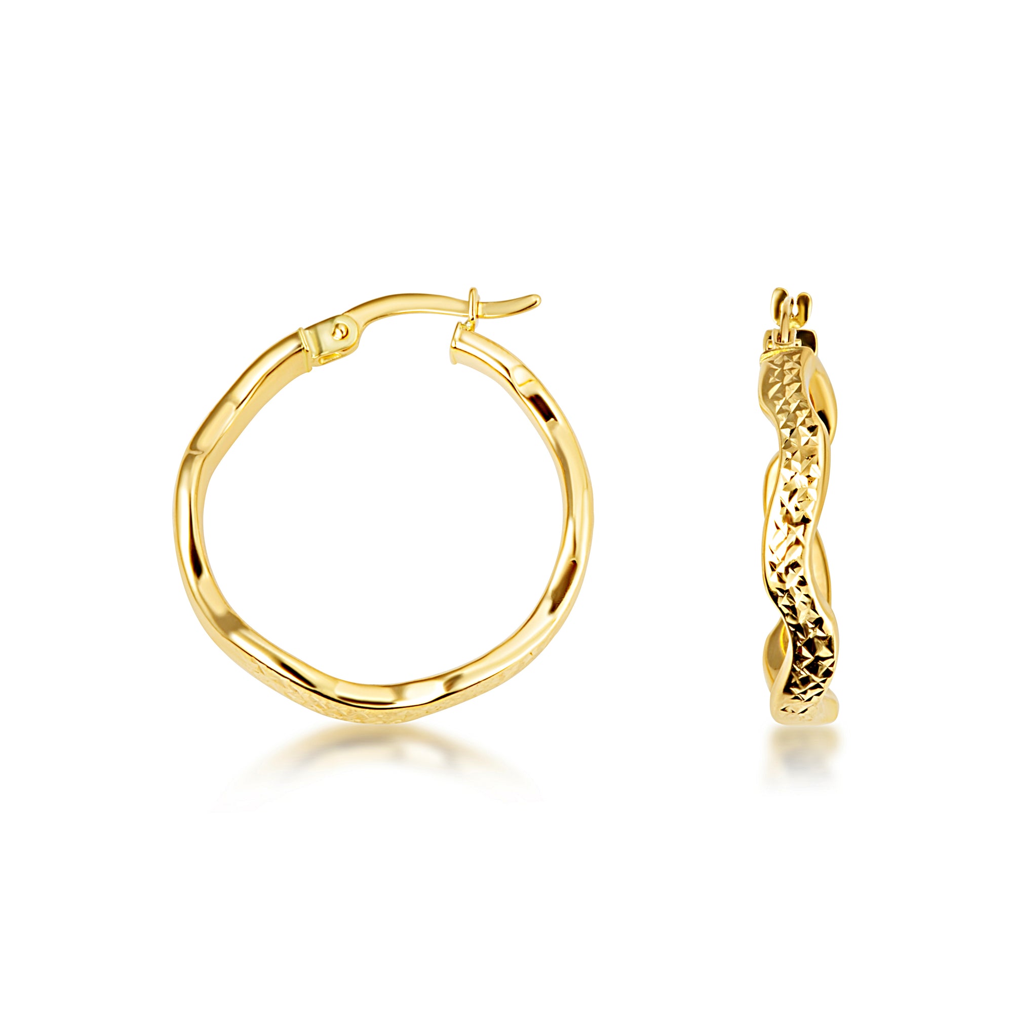 14K Yellow Gold Wavy Textured Hoop Earrings