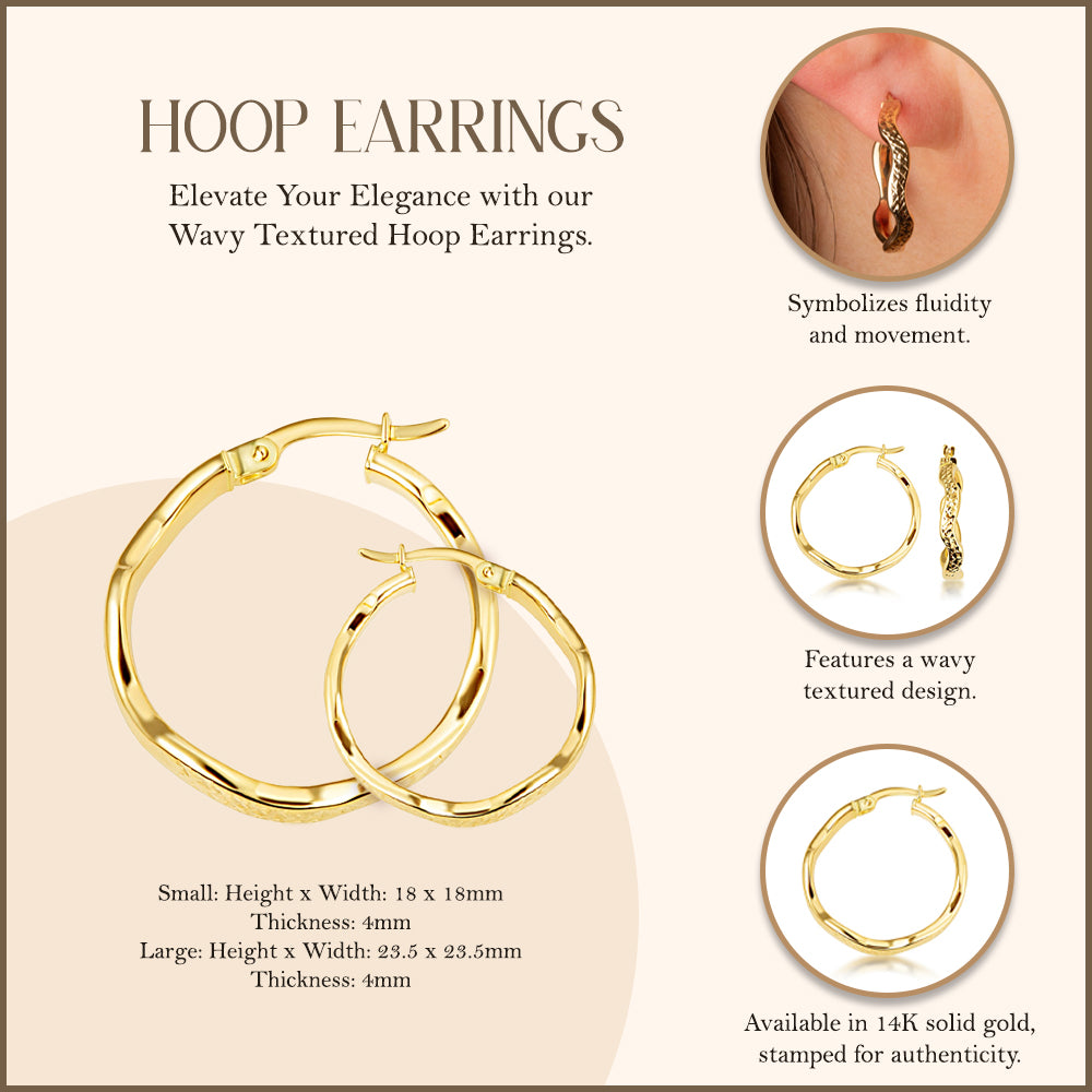 14K Yellow Gold Wavy Textured Hoop Earrings, view 4