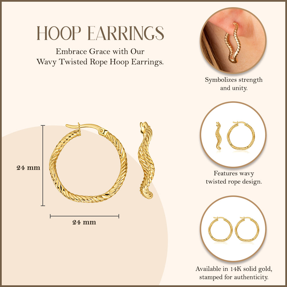 14K Yellow Gold Wavy Twisted Rope Hoop Earrings, view 3