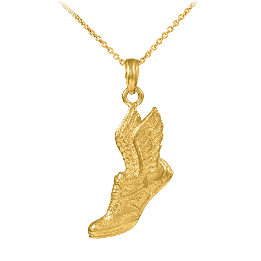 14K Yellow Gold Winged Running Shoes Pendant Necklace