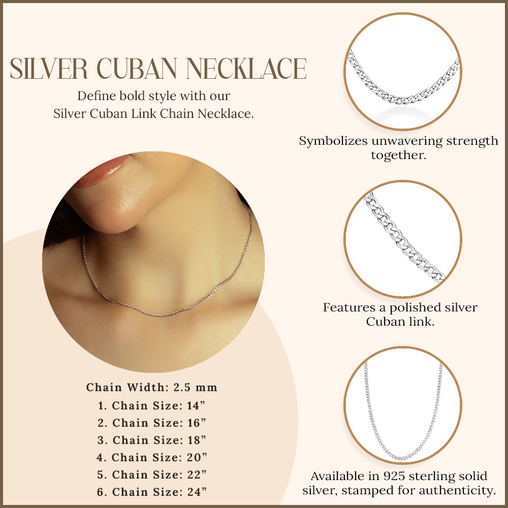 2.5 mm Men’s Silver Miami Cuban Link Chain Necklace, view 3