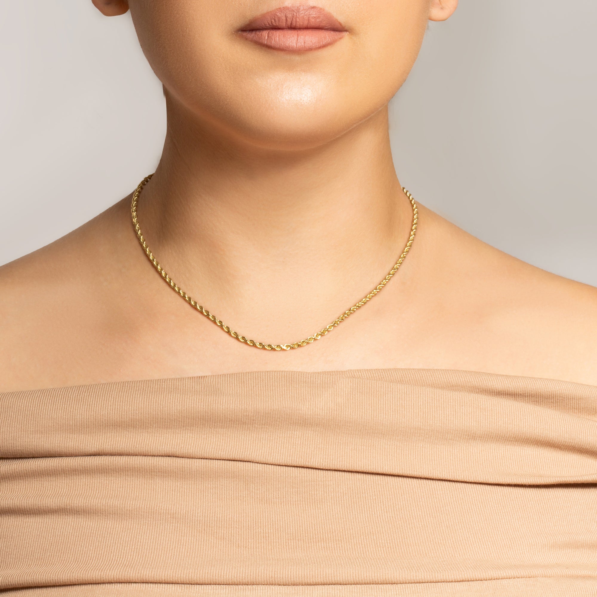 2 mm Gold Diamond Cut Rope Twisted Solid Chain Link Necklace, view 3
