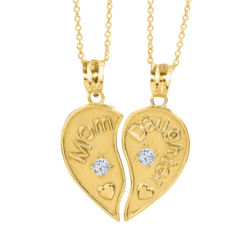 2pc Solid Gold 'Mom' and 'Daughter' CZ Heart Necklace Set