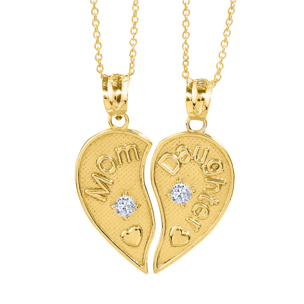 2pc Solid Gold 'Mom' and 'Daughter' CZ Heart Necklace Set