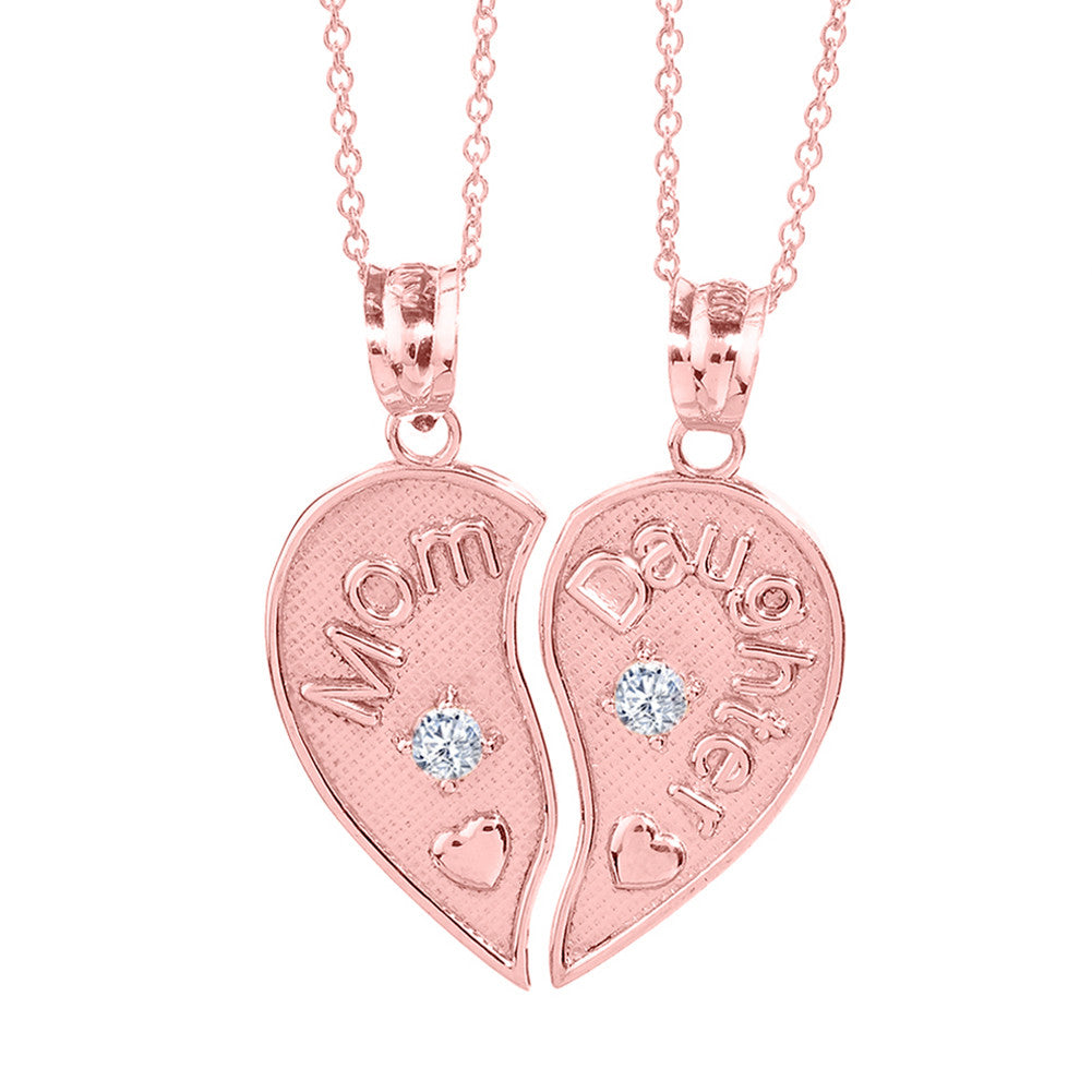 2pc Solid Gold 'Mom' and 'Daughter' CZ Heart Necklace Set, view 2