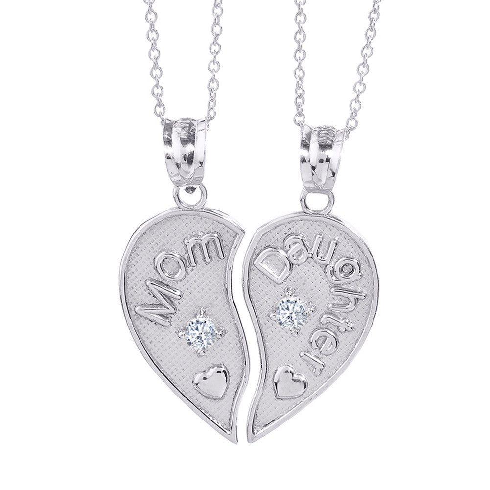 2pc Solid Gold 'Mom' and 'Daughter' CZ Heart Necklace Set, view 3