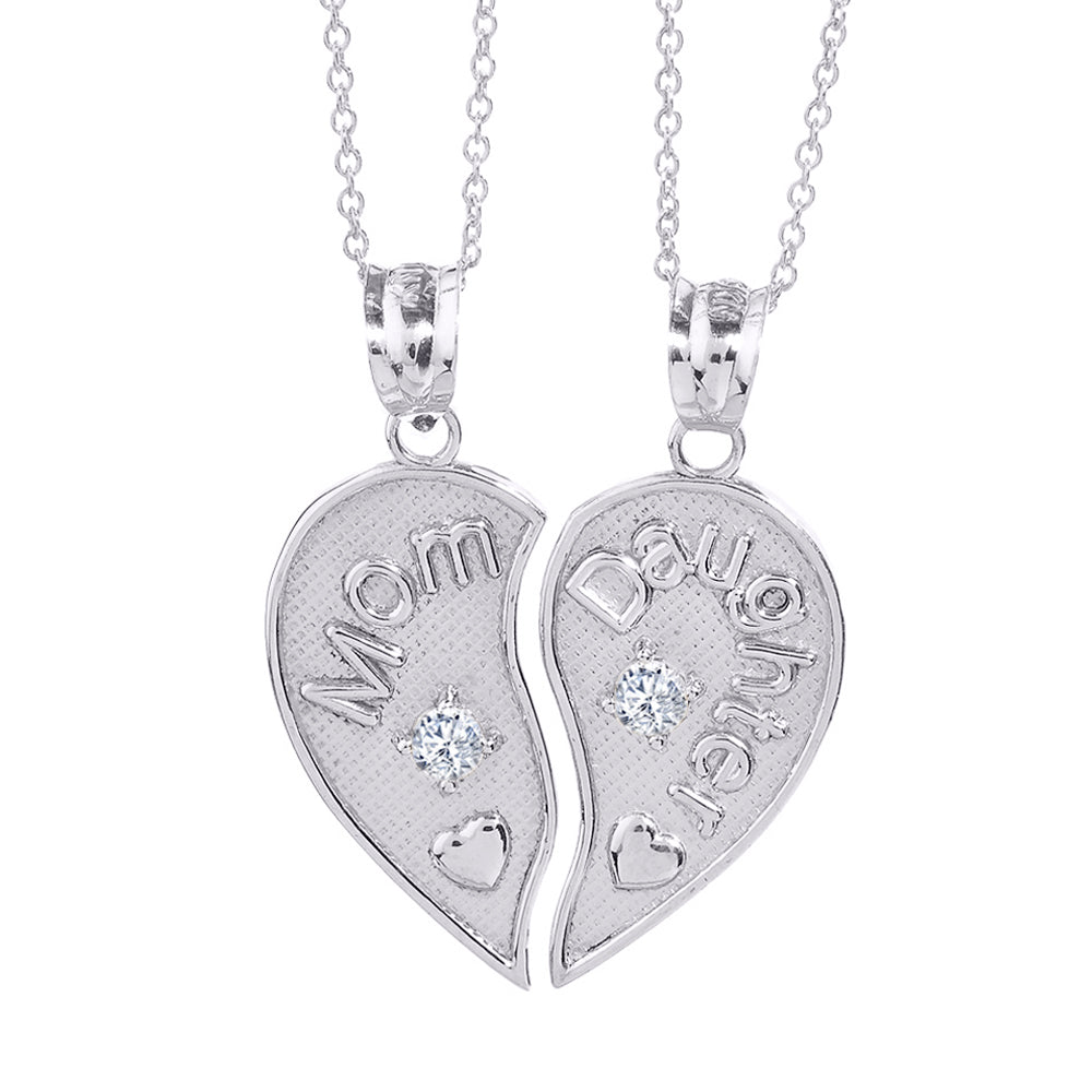 2pc Sterling Silver 'Mom' and 'Daughter' CZ Heart Necklace Set