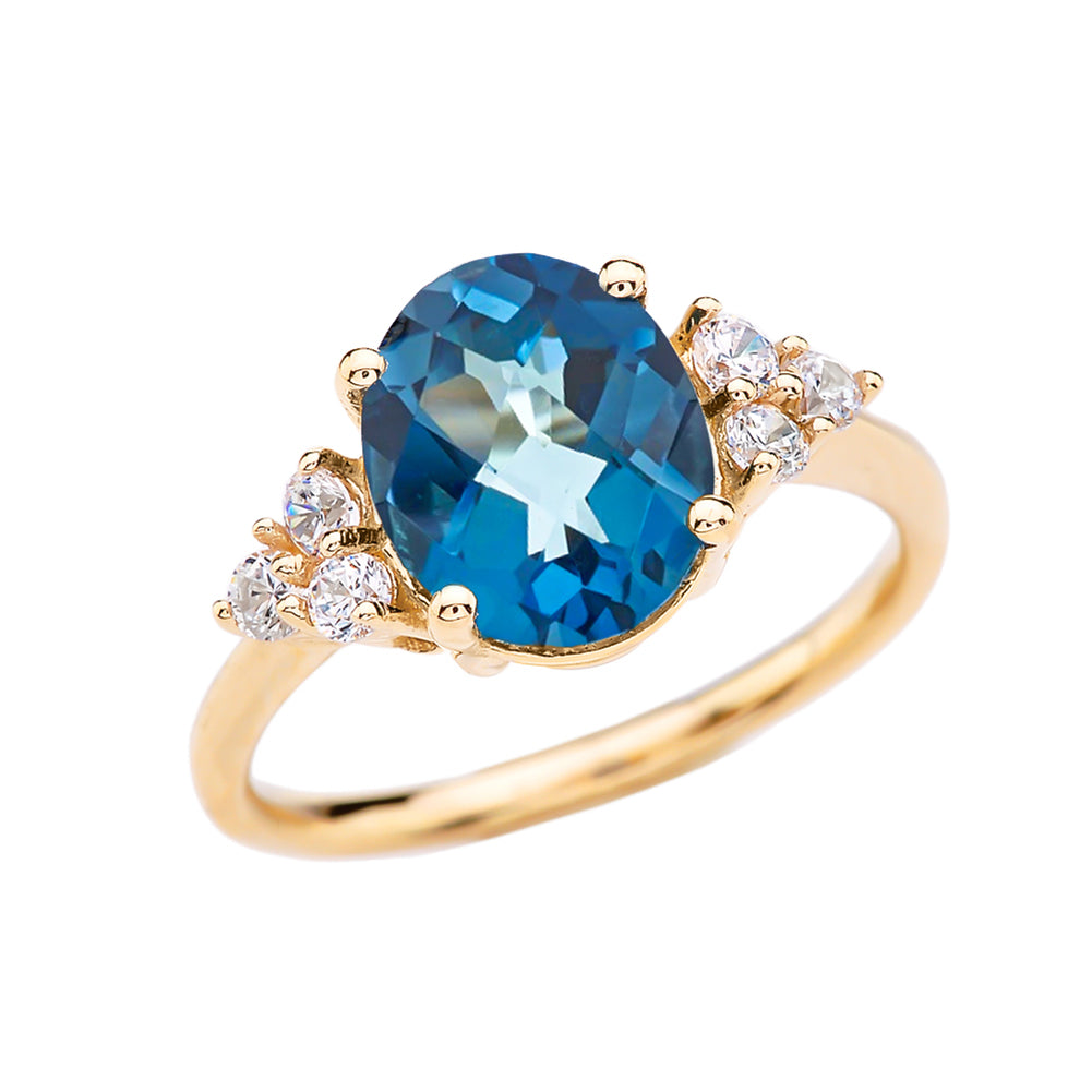 3 Carat Blue Topaz Solitaire Gold Modern Proposal/Promise Ring With White Topaz Sidestones
