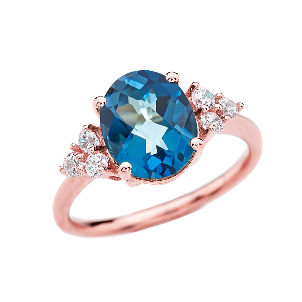 3 Carat Blue Topaz Solitaire Gold Modern Proposal/Promise Ring With White Topaz Sidestones, view 2