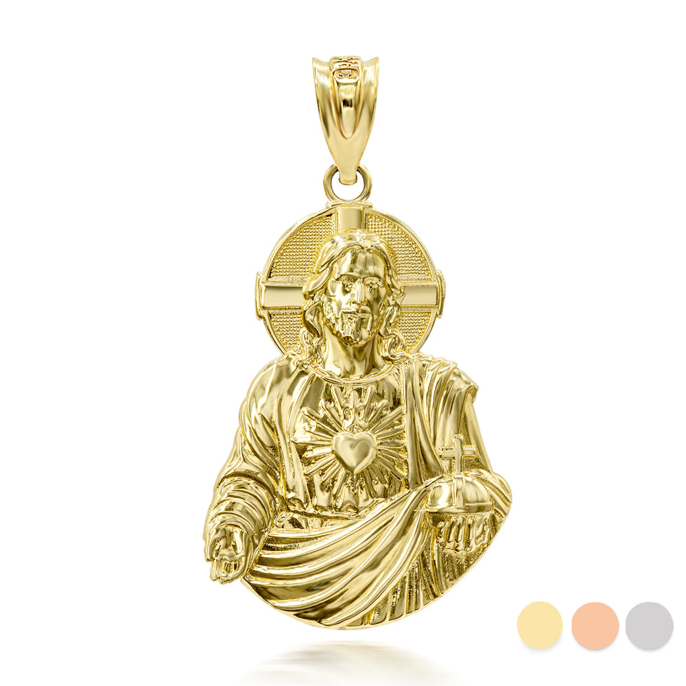 3D 10K/14K Solid Gold Jesus Christ Sacred Heart Big Pendant Necklace