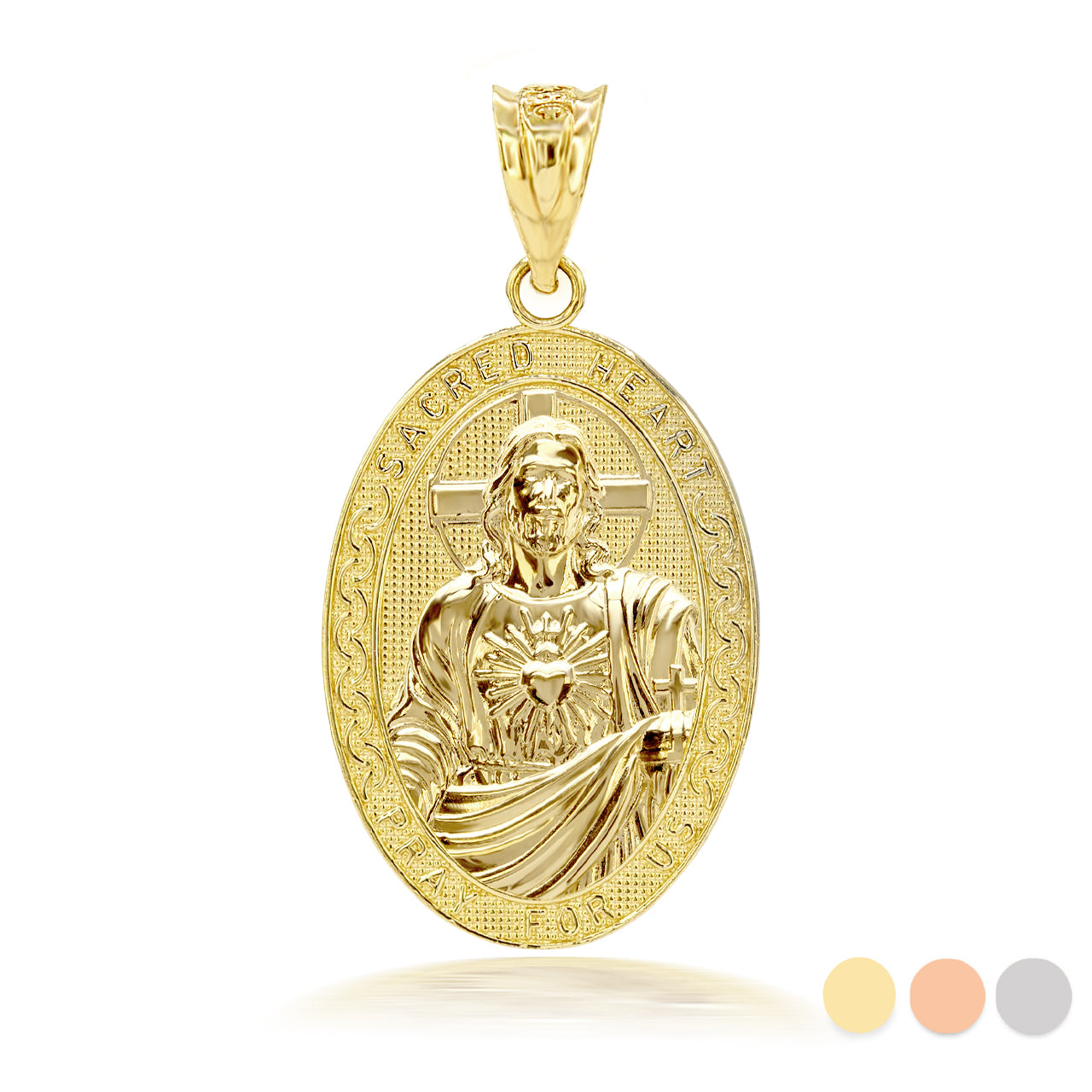 3D 10k/14k Solid Gold Jesus Christ Sacred Heart Narrow Oval Pendant Necklace