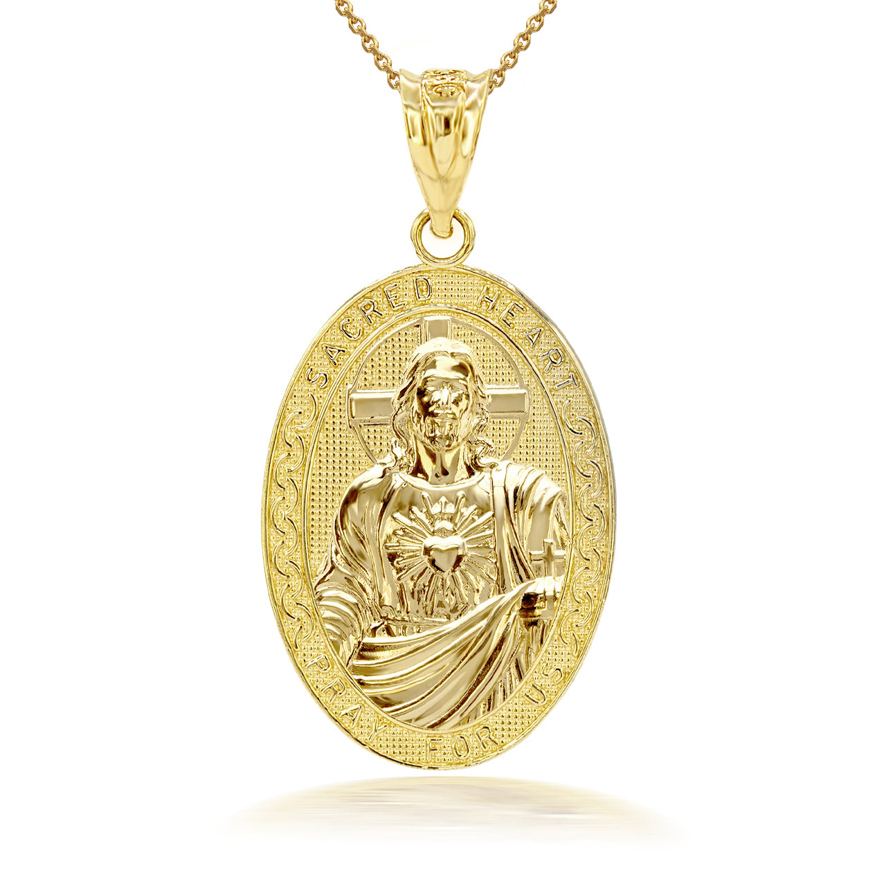3D 10k/14k Solid Gold Jesus Christ Sacred Heart Narrow Oval Pendant Necklace, view 2