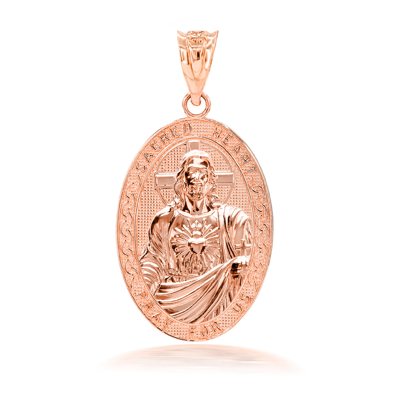 3D 10k/14k Solid Gold Jesus Christ Sacred Heart Narrow Oval Pendant Necklace, view 3