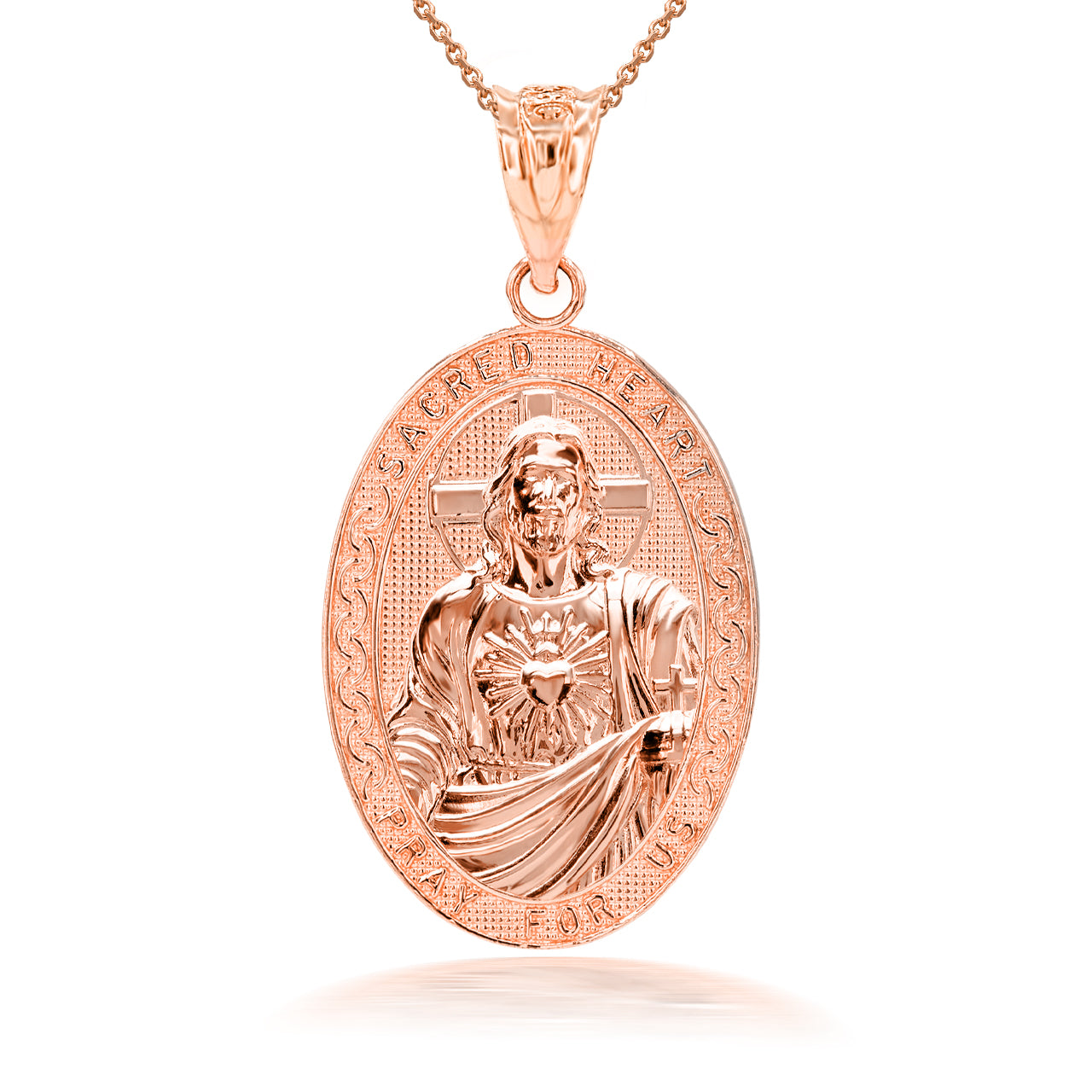 3D 10k/14k Solid Gold Jesus Christ Sacred Heart Narrow Oval Pendant Necklace, view 4