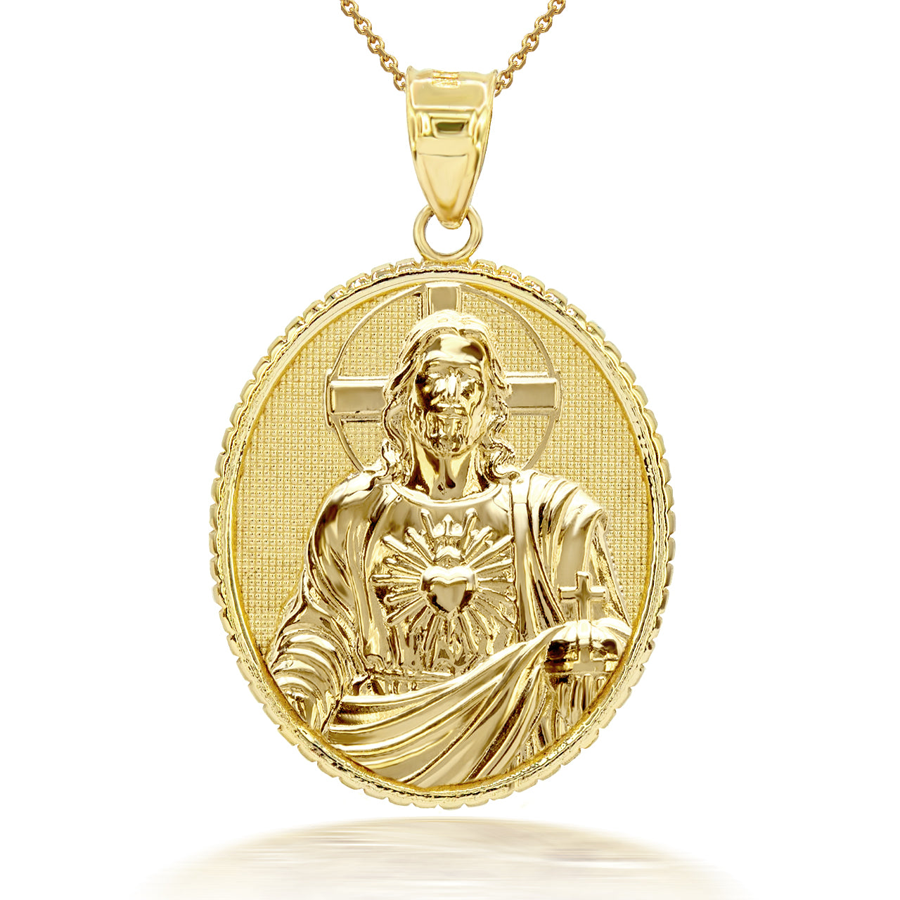 3D 10K/14K Solid Gold Jesus Christ Sacred Heart Oval Pendant Necklace