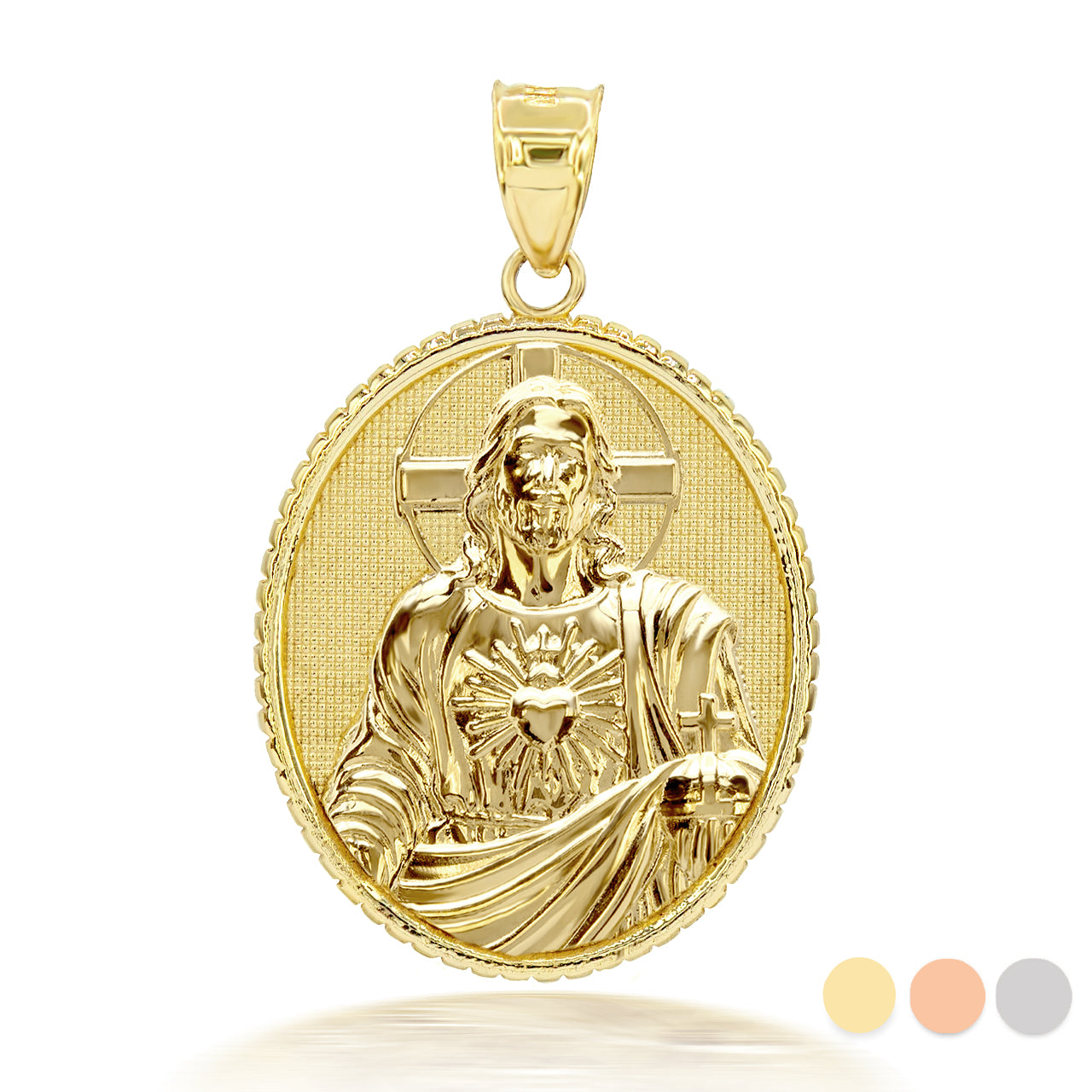 3D 10K/14K Solid Gold Jesus Christ Sacred Heart Oval Pendant Necklace, view 2