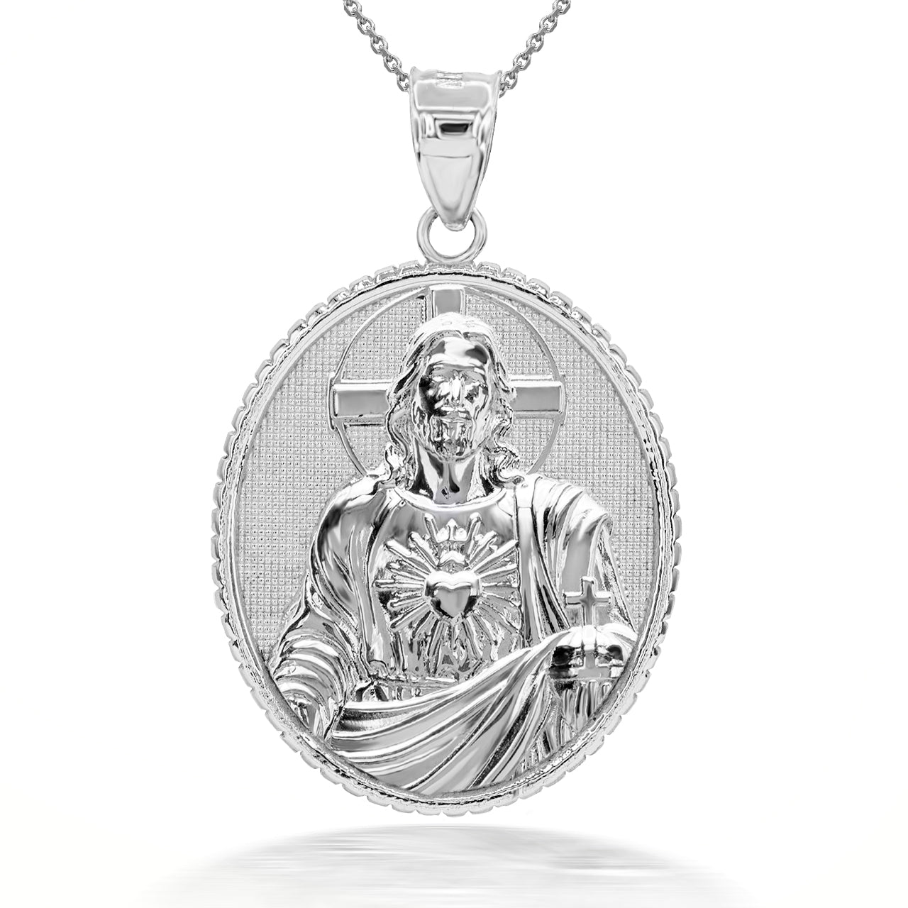 3D 10K/14K Solid Gold Jesus Christ Sacred Heart Oval Pendant Necklace, view 9