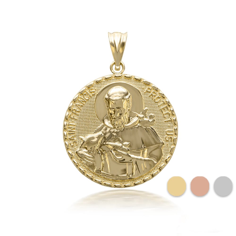3D 10K/14K Solid Gold Saint Francis Protect Us Pendant Necklace