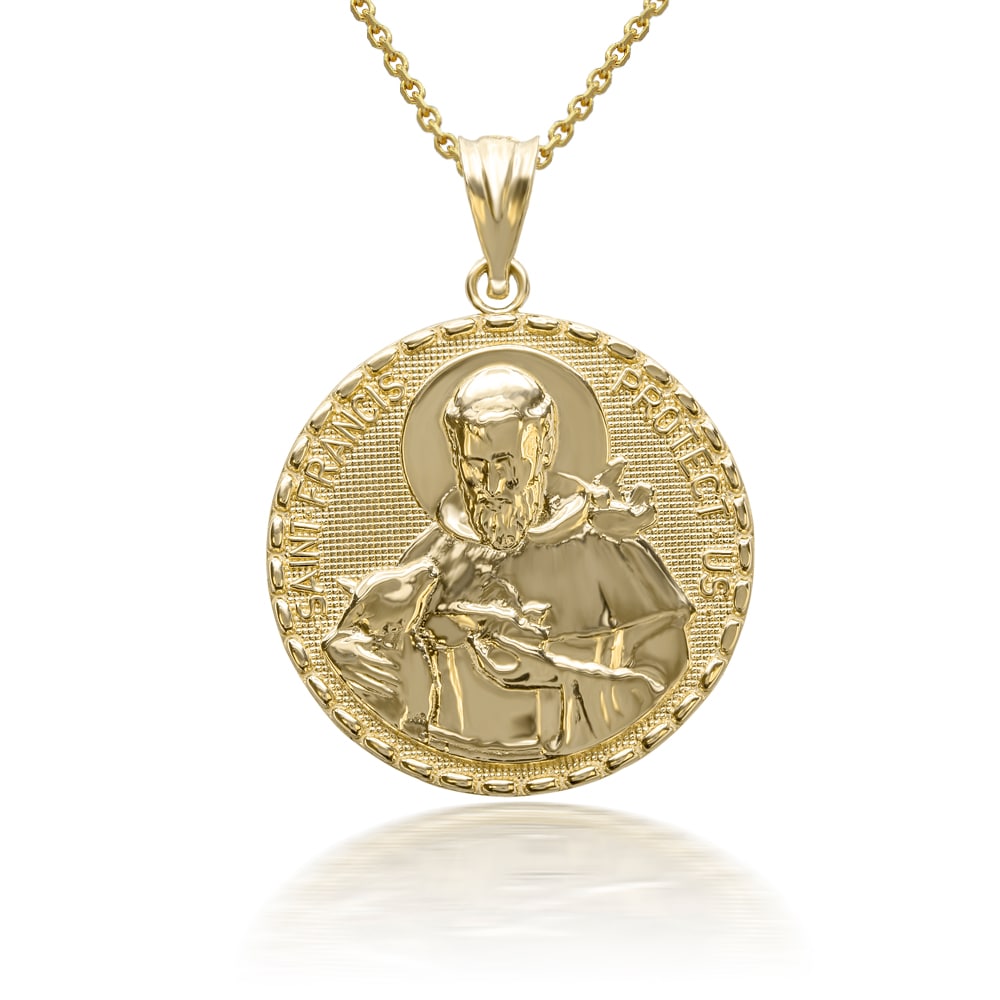 3D 10K/14K Solid Gold Saint Francis Protect Us Pendant Necklace, view 3