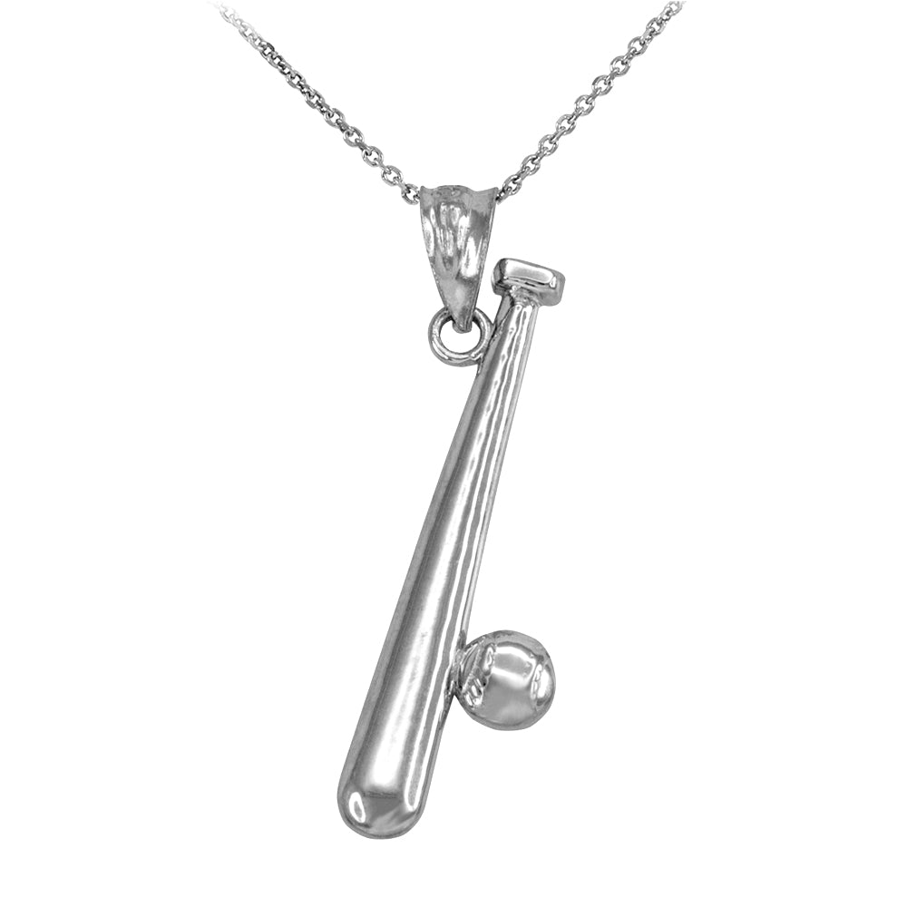 925 Polished Sterling Silver Baseball and Bat Pendant Necklace