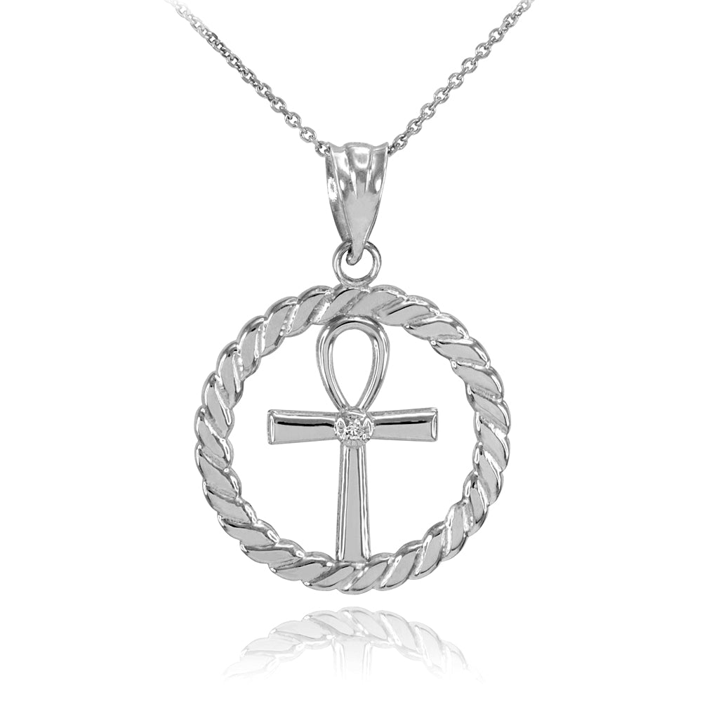 925 Silver Roped Circle Egyptian Ankh Cross with CZ Pendant Necklace