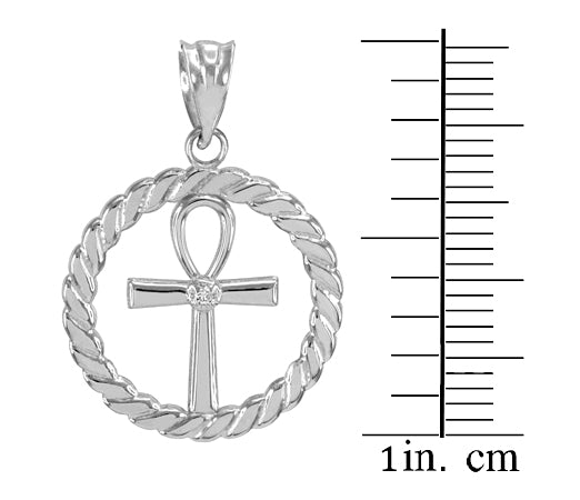 925 Silver Roped Circle Egyptian Ankh Cross with CZ Pendant Necklace, view 2