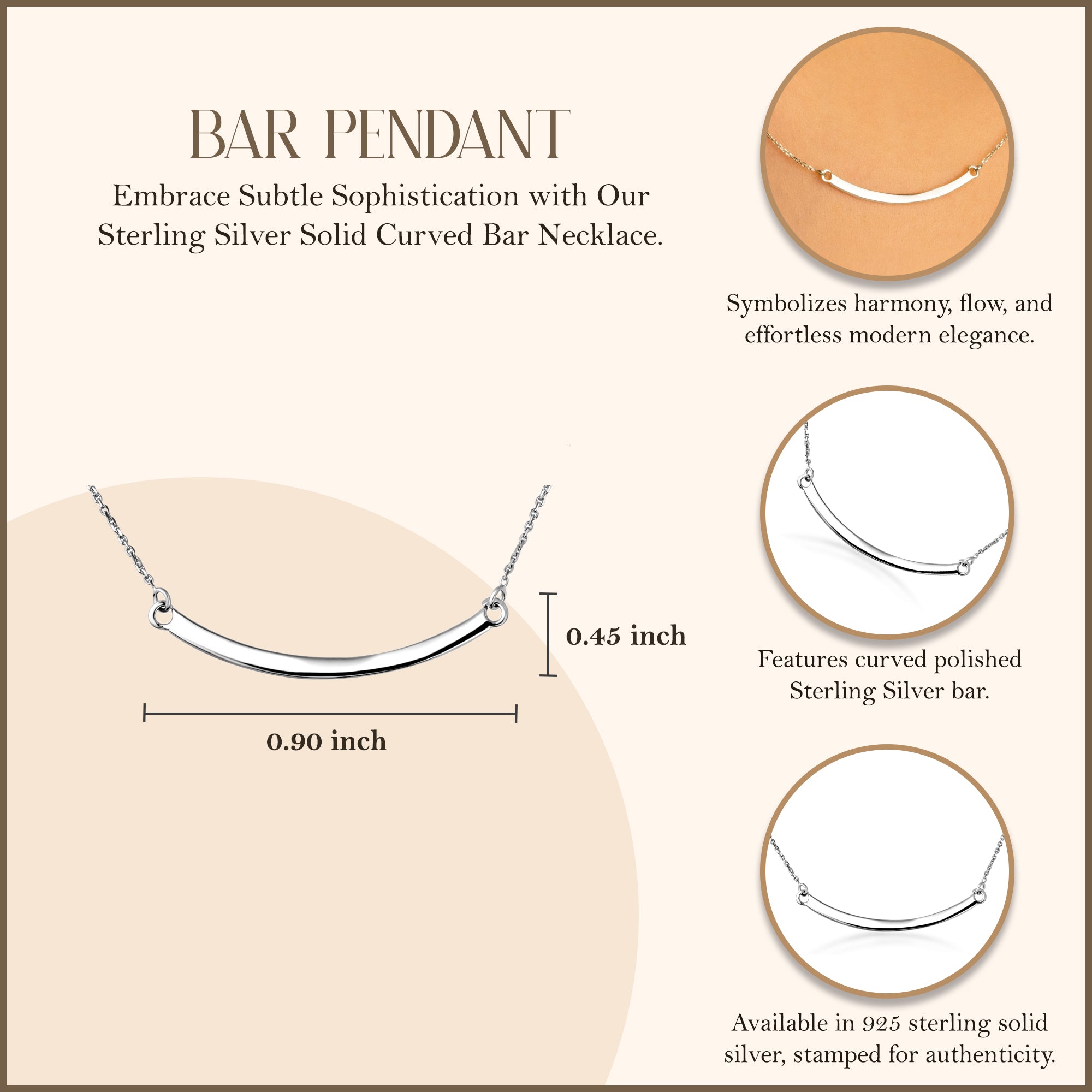 925 Solid Sterling Silver Curved Bar Necklace, view 3