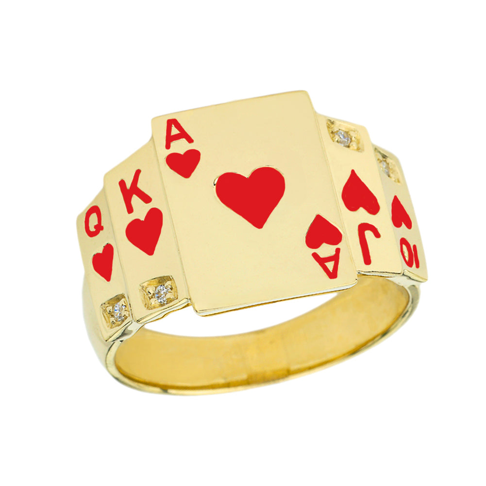 "Ace of Hearts" Royal Flush Diamond Ring in Yellow Gold with Red Hearts
