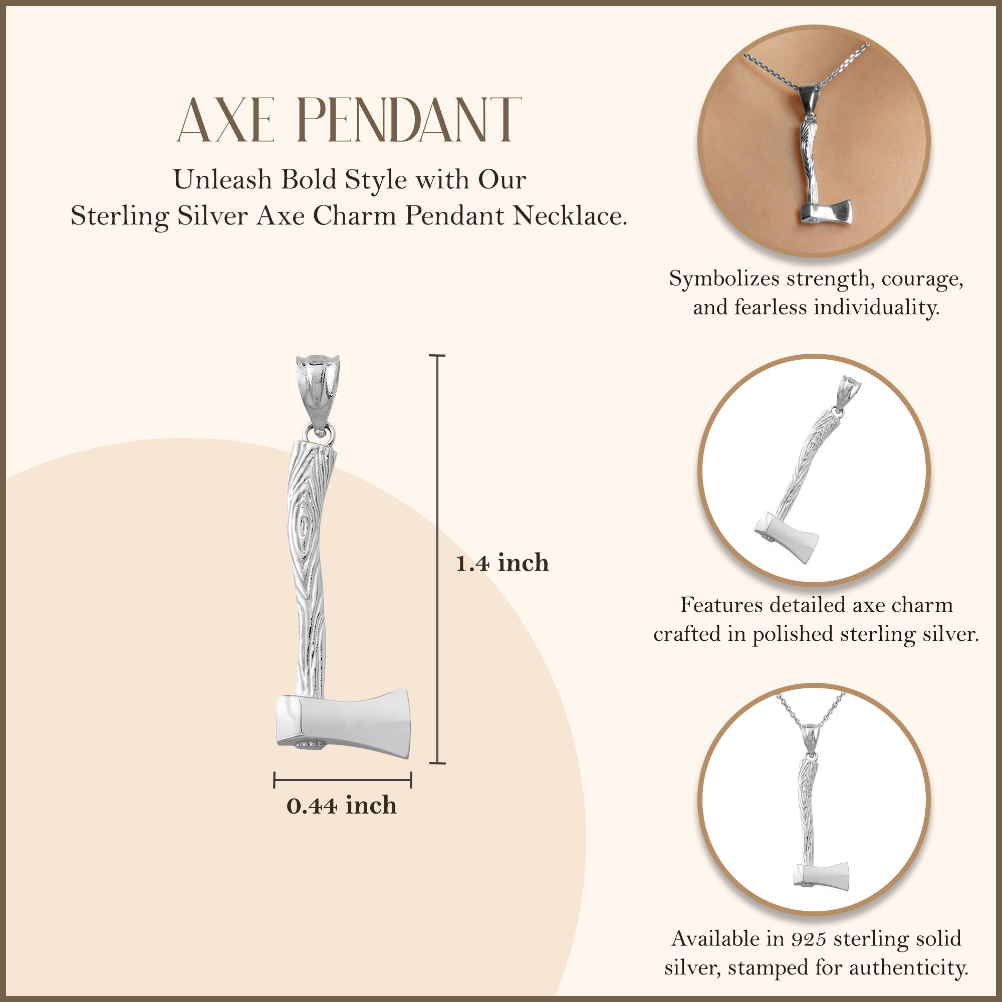 Axe Charm Pendant Necklace in Sterling Silver, view 3