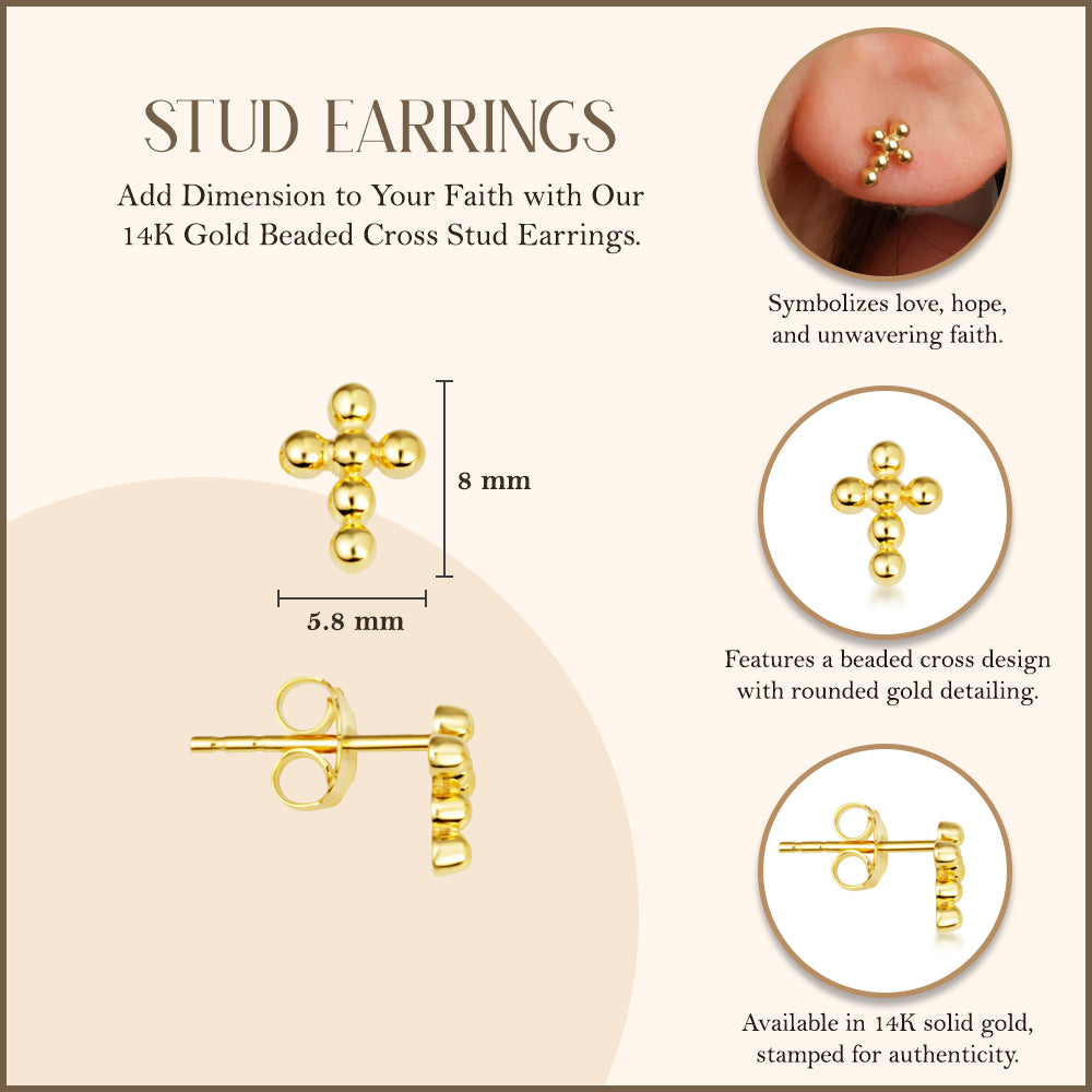 Beaded Cross Earrings in 14K Gold, view 3