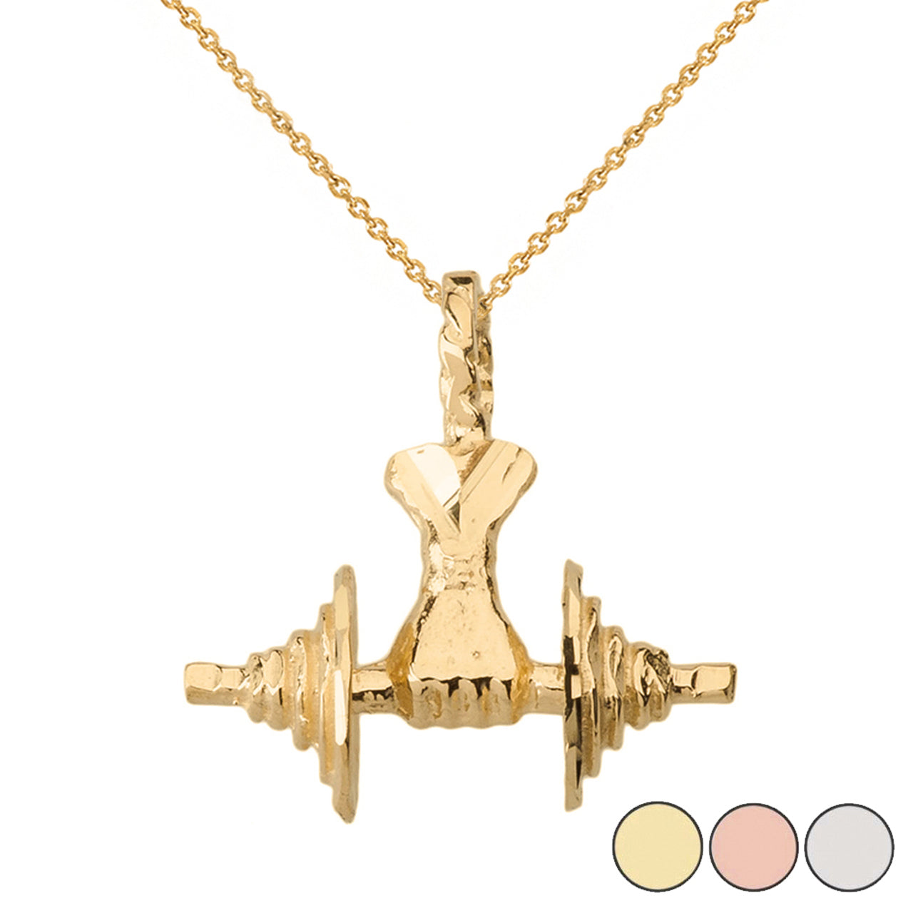 Bodybuilding Lifting Barbell 3D Pendant Necklace in Solid Gold