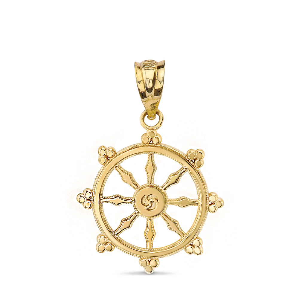 Buddhism Dharmachakra Dharma Wheel Pendant Necklace in Solid Gold, view 2