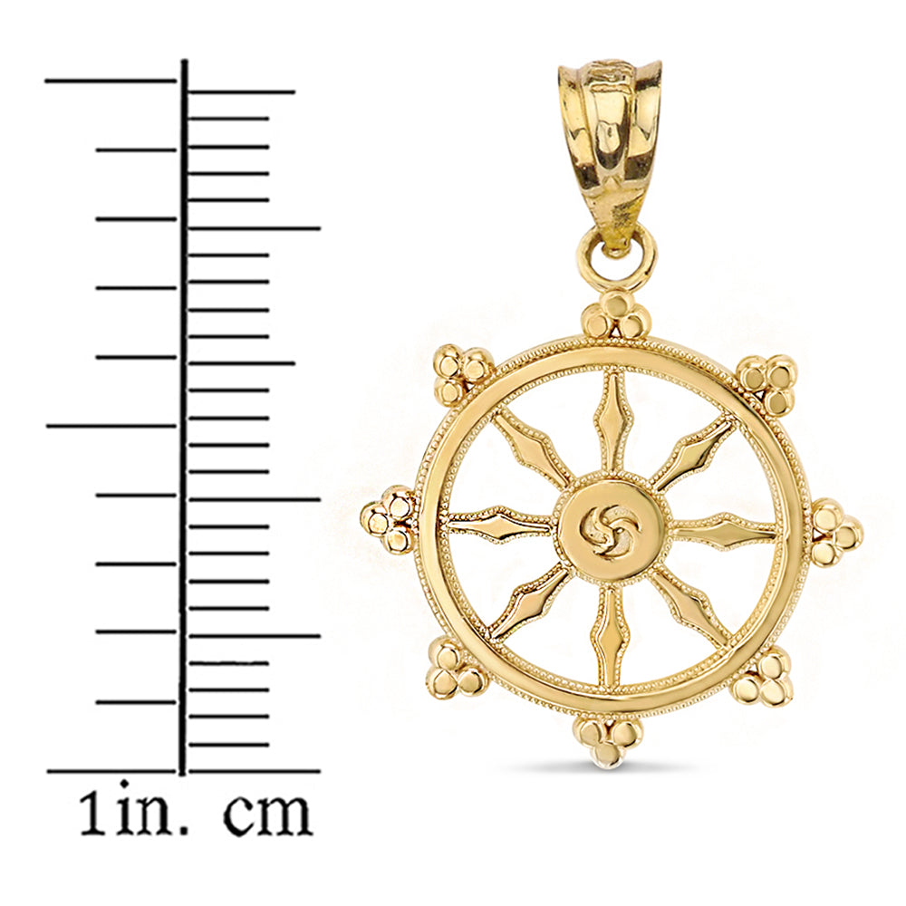 Buddhism Dharmachakra Dharma Wheel Pendant Necklace in Solid Gold, view 3