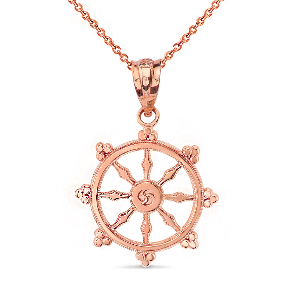 Buddhism Dharmachakra Dharma Wheel Pendant Necklace in Solid Gold, view 4