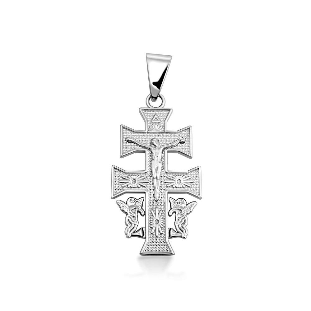 Caravaca Double Cross With Angels Crucifix Pendant in Sterling Silver